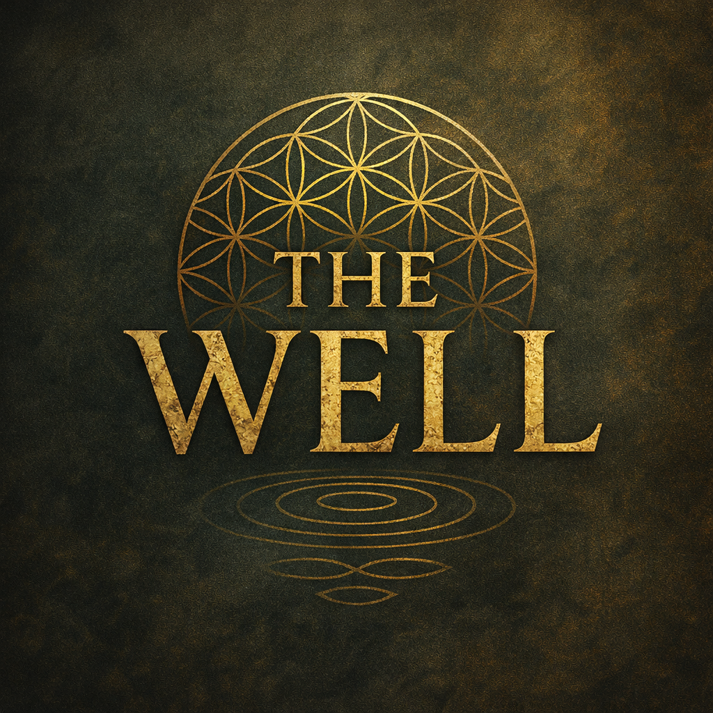 Logo design featuring the text 'THE WELL' in gold against a textured dark background, with a geometric symbol above and circular patterns below.