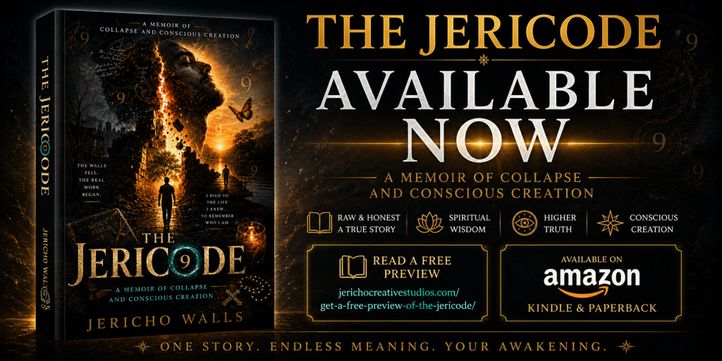 Book cover of 'The Jericode' by Jericho Walls, featuring a mystical background with elements symbolizing collapse and conscious creation. The title and promotional text highlight its themes and availability on Amazon.